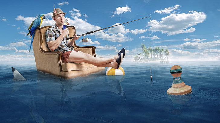 men's white and black gingham top and brown shorts, humor, chair, fisherman, parrot, cocktail, HD wallpaper