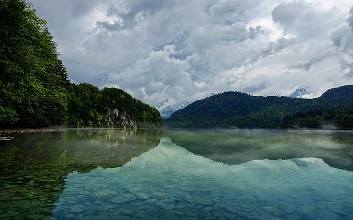 Superb reflection, green lake, nature, 1920x1200, cloud, tree, forest, mountain, lake, HD wallpaper