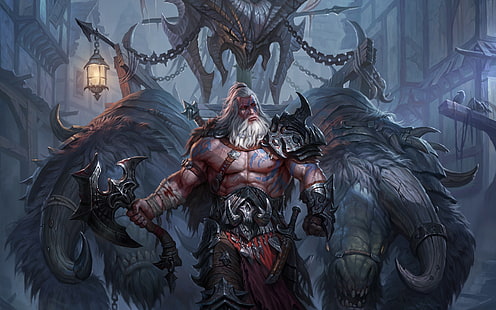 Blizzard, Art, Diablo 3, Blizzard Entertainment, Fan Art, Barbarian, Video Game, Reaper of Souls, Diablo III: Reaper of Souls, Axe, Mighty Barbarian, Diablo's Head, วอลล์เปเปอร์ HD HD wallpaper