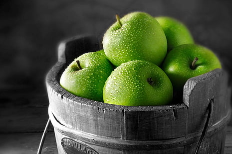кръгли зелени ябълкови плодове, ябълки, плодове, зелени, кофа, HD тапет HD wallpaper