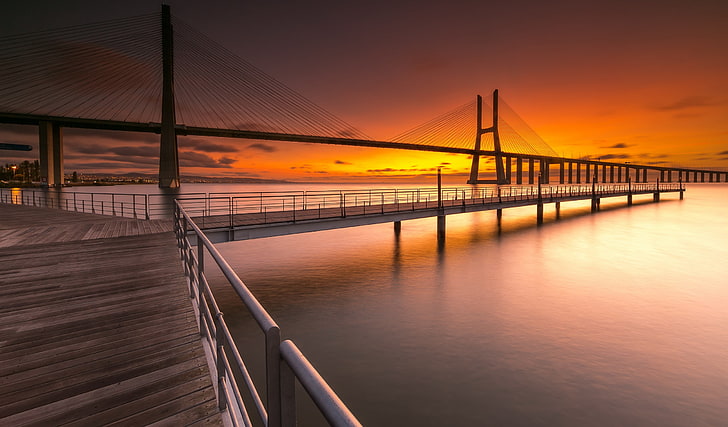 langit, Jembatan Vasco da Gama, jembatan, air, Portugal, sinar matahari, Wallpaper HD