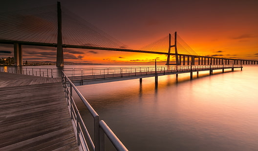 sky, Vasco da Gama Bridge, bridge, water, Portugal, sunlight, HD wallpaper HD wallpaper