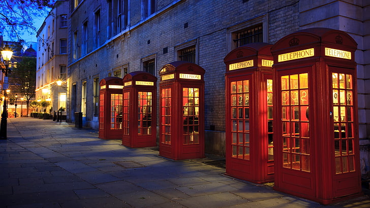 пет червени телефонни кабини, град, градски пейзаж, Англия, телефон, HD тапет