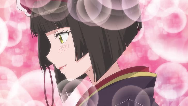 Tsukimichi: Moonlit Fantasy, Мио (Tsukimichi: Moonlit Fantasy), зелени очи, тъмна коса, усмивка, изчервяване, кимоно, яка, аниме екранна снимка, аниме момичета, HD тапет