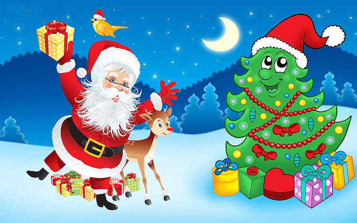 Santa Claus-Christmas tree-decorations-gifts-Cartoon Christmas Wallpapers HD-2560×1600, HD wallpaper