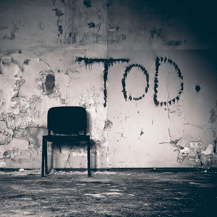 abandoned, architecture, art, black and white, broken, building, chair, city, creepy, dark, decay, dirty, empty, mood, mysterious, mystical, old building, ruin, run down, scary, school, seat, spooky, text, tod, wall, HD wallpaper