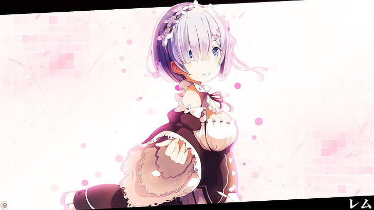 illustrazione di carattere anime ragazza dai capelli viola, capelli blu, fiore di ciliegio, fulmine, Re: Zero Kara Hajimeru Isekai Seikatsu, Rem (Re: Zero), Sfondo HD