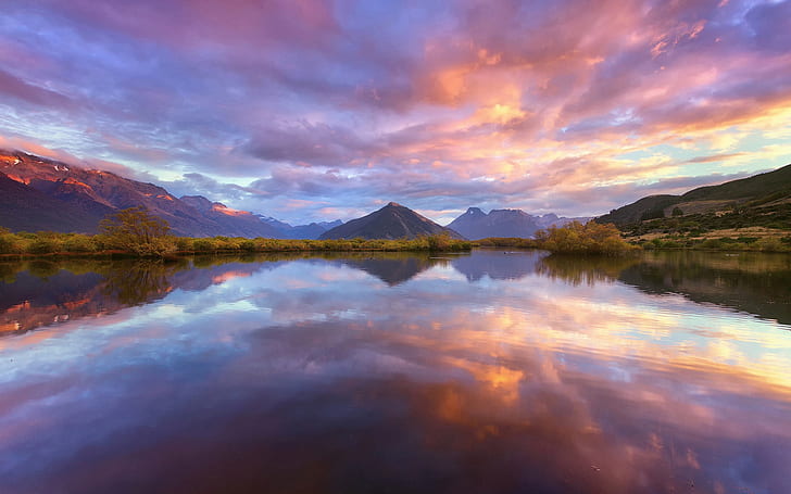 Nouvelle-Zélande, île du Sud, Wakatipu lac, montagnes, réflexion de l'eau, ciel, nuages, Nouvelle-Zélande, sud, île, Wakatipu, lac, montagnes, eau, réflexion, ciel, nuages, Fond d'écran HD