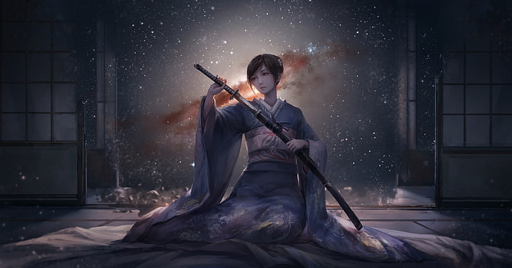 ilustracja kobieta trzymająca miecz, anime dziewczyny, oryginalne postacie, kimono, japońskie ubrania, katana, miecz, krótkie włosy, pokój, anime, Tapety HD