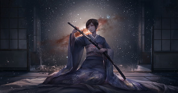 ilustracja kobieta trzymająca miecz, anime dziewczyny, oryginalne postacie, kimono, japońskie ubrania, katana, miecz, krótkie włosy, pokój, anime, Tapety HD HD wallpaper