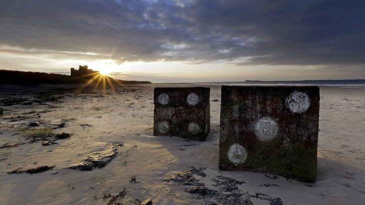 nature landscape beach england uk castle sand dice cube dots sea clouds rock shadow lens flare, HD wallpaper