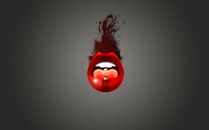 lips, lipstick, red, tongues, piercing, HD wallpaper