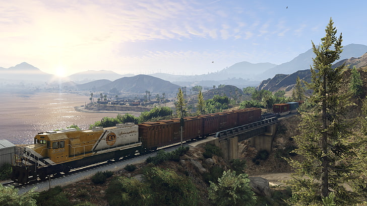 yellow, white, and brown train toy, Grand Theft Auto V, train, HD wallpaper