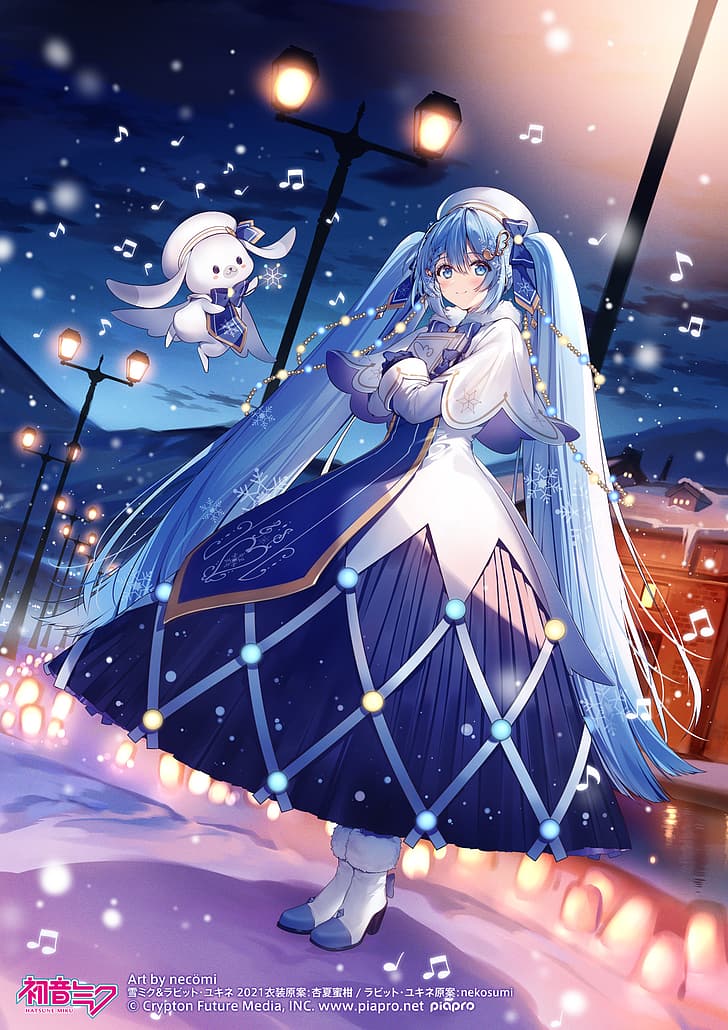 Anime Girls, Vocaloid, Hatsune Miku, Necomi, langes Haar, blaues Haar, Schnee, HD-Hintergrundbild, Handy-Hintergrundbild