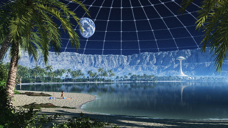 plan d'eau près d'arbre, art numérique, art fantastique, futuriste, enfants, sable, eau, palmiers, montagnes, Terre, globes, sphère, étoiles, univers, dôme, Fond d'écran HD