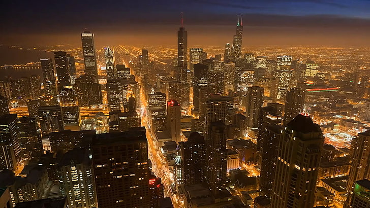 cityscape havadan görünümü, cityscape, gökdelen, ışıklar, gece, havadan görünümü, chicago, HD masaüstü duvar kağıdı