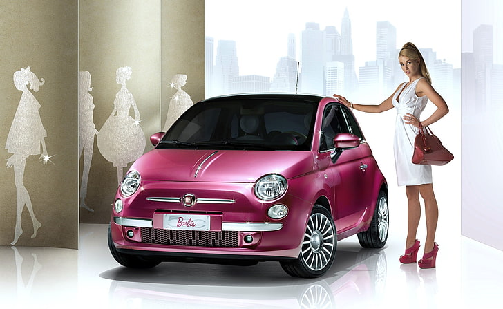 Fiat 500 Barbie, hatchback de 3 portas rosa, carros, Fiat, Barbie, Fiat 500, Fiat 500 barbie, carro rosa, Fiat Rosa, HD papel de parede