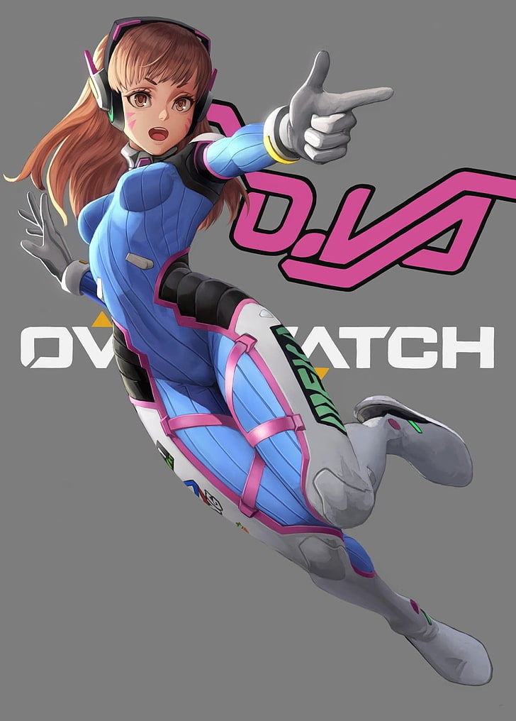 D.Va from Overwatch illustration, Overwatch, D.Va (Overwatch), bodysuit, long hair, brunette, brown eyes, headphones, HD wallpaper