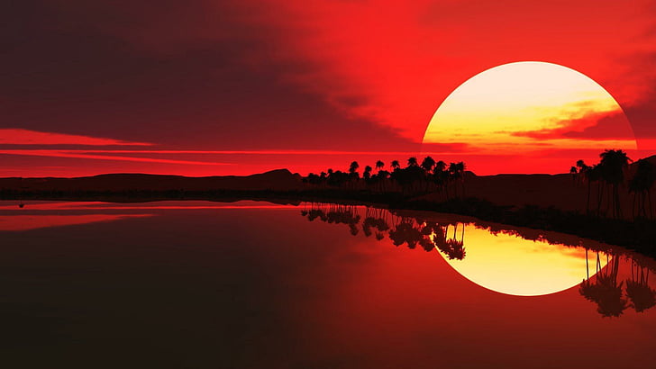 sunset, sundown, red, palm, palms, sea, mountain, reflection, water, HD wallpaper