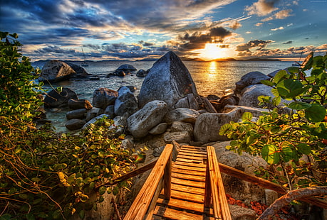 4k, mar, sol, naturaleza, puesta de sol, piedras, Fondo de pantalla HD HD wallpaper