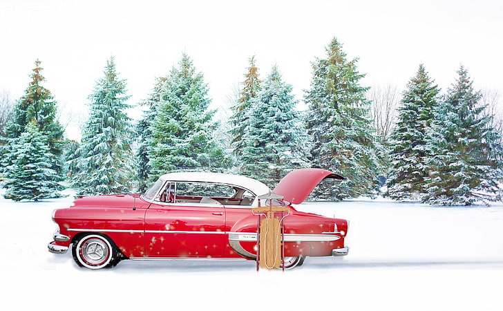 Red Chevrolet Bel Air, Snow, Winter, Holidays, Christmas, Beautiful, Winter, White, Vintage, Chevrolet, Home, Classic, Amazing, Snow, Snowy, Merry, Xmas, Outdoor, Snowflakes, December, Holiday, Wonderland, Chevy, Tradition, Celebrate, Snowfall, pines, yard, newyear, MerryChristmas, endoftheyear, firtrees, sled, BelAir, RedCar, HD wallpaper