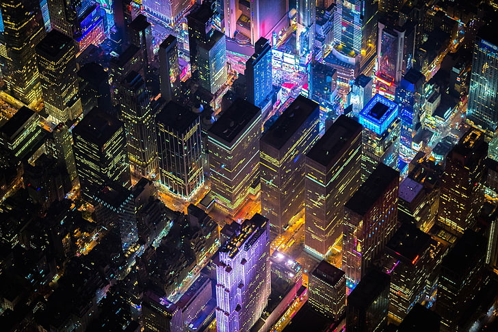 въздушна снимка на град, Ню Йорк, Таймс Скуеър, САЩ, нощ, град, въздушен изглед, HD тапет