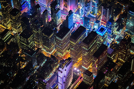 Аэрофотоснимок Фото города, Нью-Йорк, Таймс-сквер, США, ночь, город, вид с воздуха, HD обои HD wallpaper