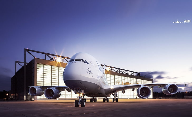 Lufthansa Airbus A380, biały samolot, silniki, samolot, airbus, lufthansa, lotnisko, Tapety HD
