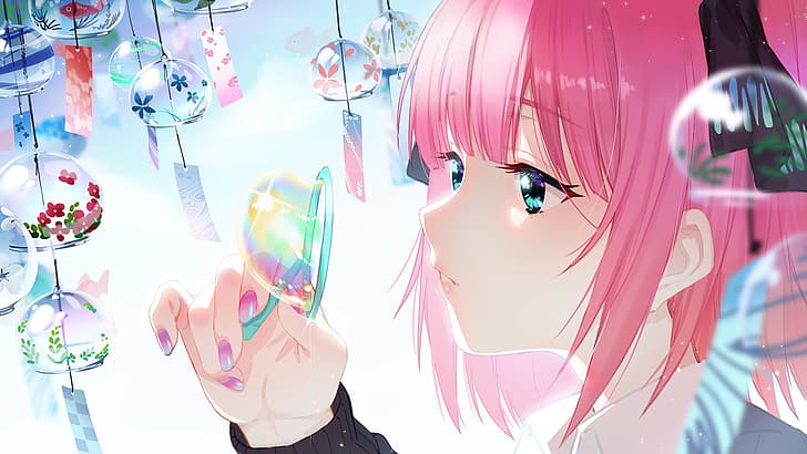 anime, anime girls, Nakano Nino, aqua eyes, pink hair, pink nails, bubbles, HD wallpaper