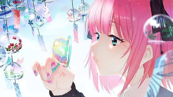 anime, chicas anime, Nakano Nino, ojos color aguamarina, cabello rosado, uñas rosadas, burbujas, Fondo de pantalla HD HD wallpaper