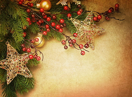 decoração de árvore de Natal verde e vermelha, estrelas, bolas, decoração, férias, brinquedos, árvore, filial, ano novo, natal, vintage, ouro, azevinho, HD papel de parede HD wallpaper
