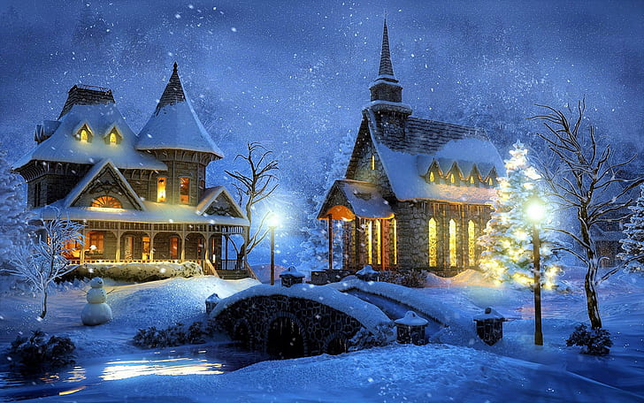 зима, сняг, нощ, мост, дом, светлини, Томас Кинкаде, HD тапет