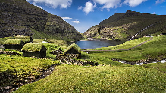 Faroe Adaları, ev, dağlar, göl, kayalar, su, Danimarka, bulutlar, gökyüzü, HD masaüstü duvar kağıdı HD wallpaper