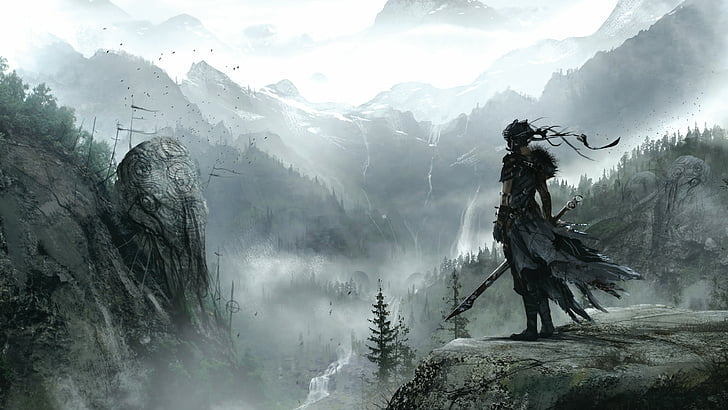 Hombre sujetando la espada de pie en el acantilado con la montaña en el fondo, Hellblade, Mejores juegos, fantasía, PC, PS4, juego, Fondo de pantalla HD