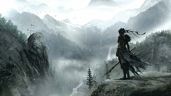 mężczyzna trzymający miecz stojący na klifie z górą w tle, Hellblade, Najlepsze gry, fantasy, PC, PS4, gra, Tapety HD HD wallpaper