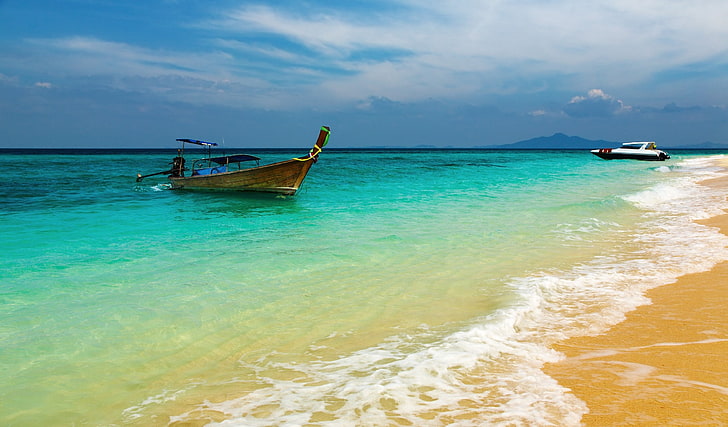 Boot, Küste, aus Holz, Schaum, Sand, blaues Wasser, Rest, Resort, Golf, HD-Hintergrundbild