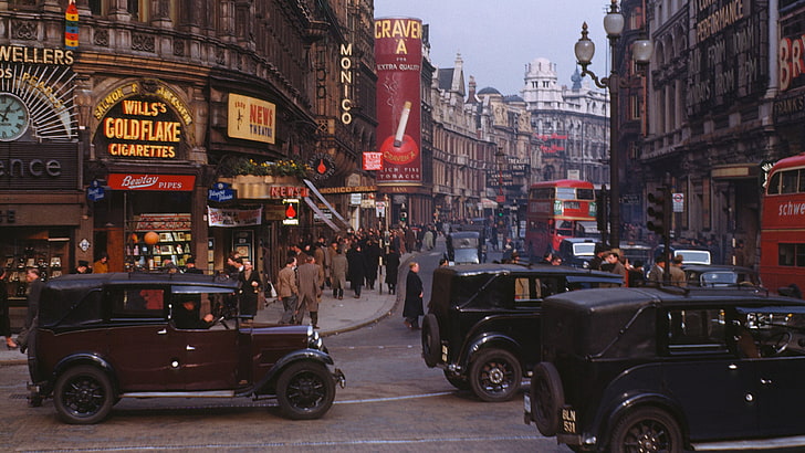 verschiedene Fahrzeuge, Kodachrome, Straße, Oldtimer, Oldtimer, London, HD-Hintergrundbild