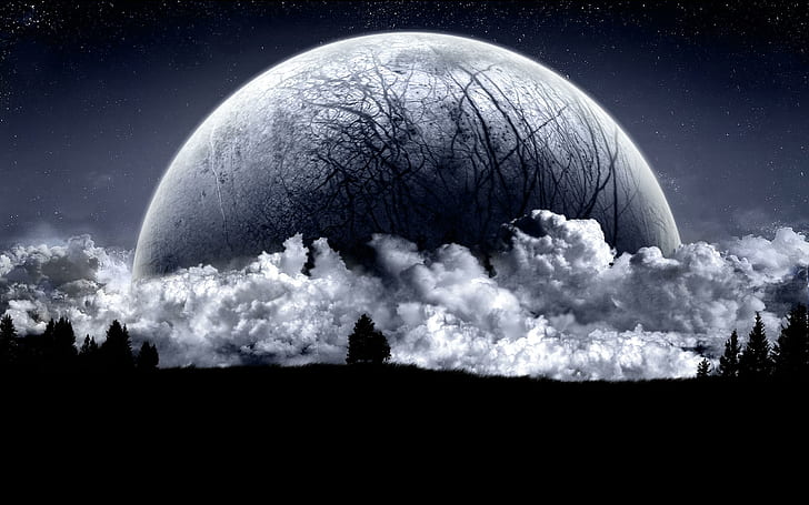 La Luna, luna, paisaje, noche, oscuridad, 3d and abstract, HD wallpaper