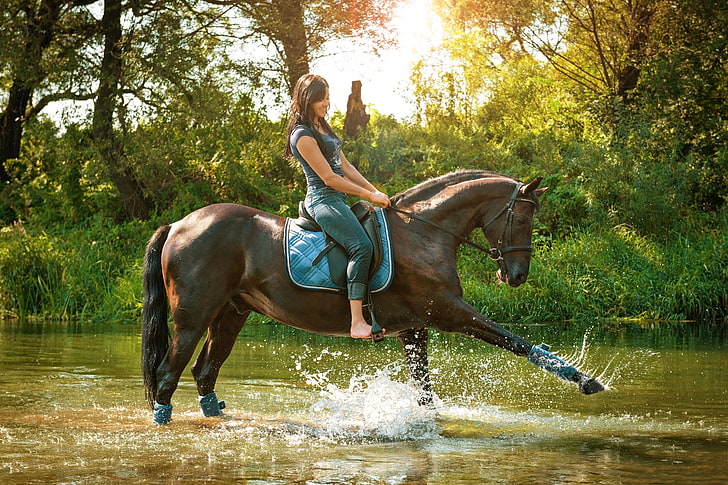 women's blue cap-sleeved shirt and blue pants, grass, water, girl, the sun, trees, squirt, nature, horse, jeans, Mike, rider, brunette, grace, river, saddle, sitting, the bushes, barefoot, HD wallpaper