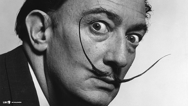 homme avec moustache, Salvador Dalí, peintres, moustache, monochrome, portrait, Fond d'écran HD