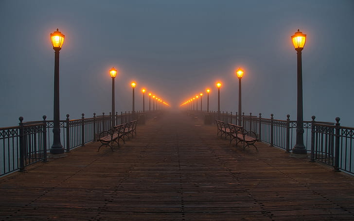 Nebel, Lampen, Pier, Wasser, HD-Hintergrundbild
