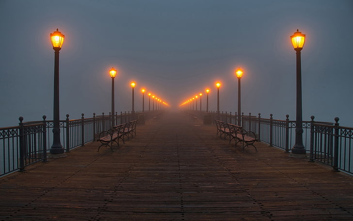 Wasser, Lampen, Pier, Nebel, HD-Hintergrundbild