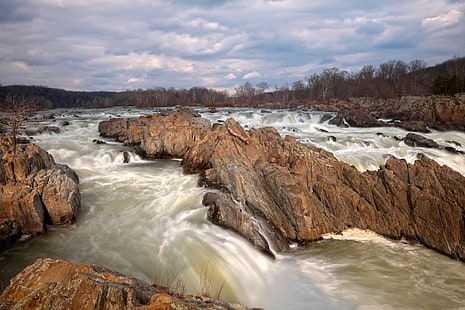 rocky river under white clouds, great falls, great falls, Great Falls, HDR, rocky river, white clouds, great  falls, virginia, national  park, usa, united  states, america, american, travel, potomac, tourism, nature, natural, rapids, water, river, stream, landscape, waterscape, rocks, flow, fluid, scene, scenery, scenic, trees, outside, outdoor, outdoors, beauty, beautiful, pretty, epic, long  exposure, surreal, background, smooth, motion, movement, red  orange, blue, cyan, white, black  sky, clouds, cloudy, stock, resource, image, picture, ca, waterfall, scenics, forest, beauty In Nature, HD wallpaper HD wallpaper