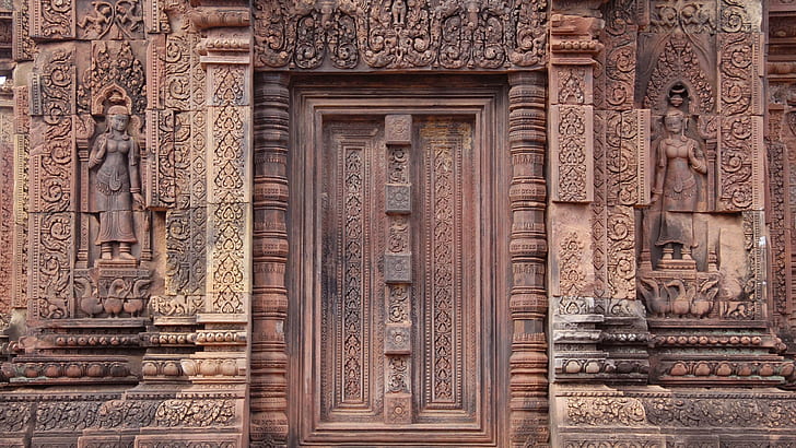 архитектура азиатска архитектура храм врата камбоджа шива хиндуизъм декорации скулптура статуя камък жени религия, HD тапет