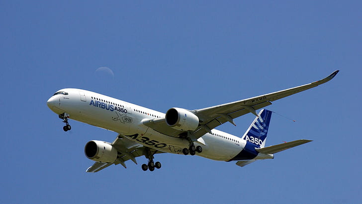 небето, крила, опашка, самолет, полумесец, Airbus A350-900, HD тапет