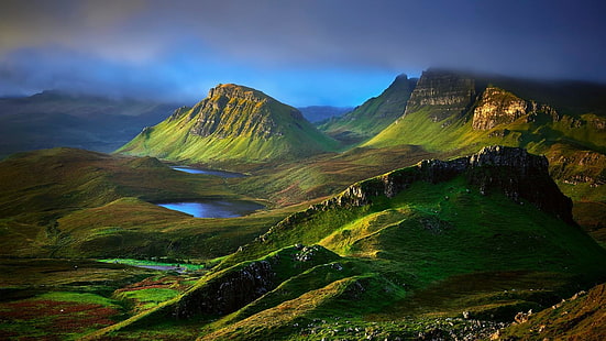 المرتفعات ، الطبيعة ، اسكتلندا ، مشهد الجبل ، الجبل ، السماء ، السماء ، البحيرات ، جزيرة سكاي ، حمامات الجنيات ، المناظر الطبيعية ، التل ، الأراضي العشبية ، ضوء الشمس ، التلال، خلفية HD HD wallpaper