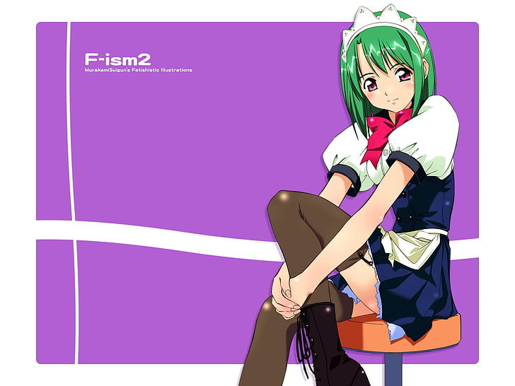F-ism2アニメキャラクターデジタル壁紙、村上水軍、f-ism、姿勢、椅子、メイド、 HDデスクトップの壁紙
