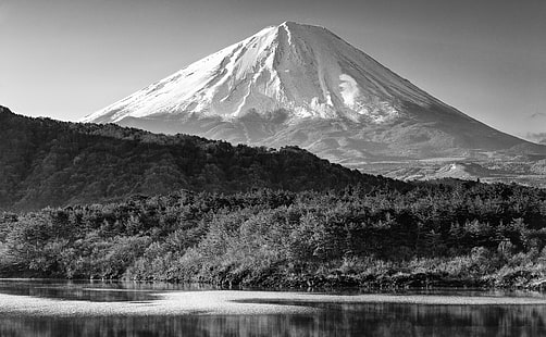 Góra Fuji Czarno-biała, wulkan w kształcie stożka, Czarno-biały, Wschód słońca, Biały, Czarny, Jezioro, Poranek, Azja, Japonia, czarno-biały, nikond700, fujisan, mtfuji, yamanashi, lakesaiko, saiko, Tapety HD HD wallpaper
