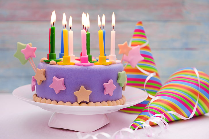 fioletowy tort kremówki, świeczki, tort, słodki, dekoracja, Happy, urodziny, Tapety HD