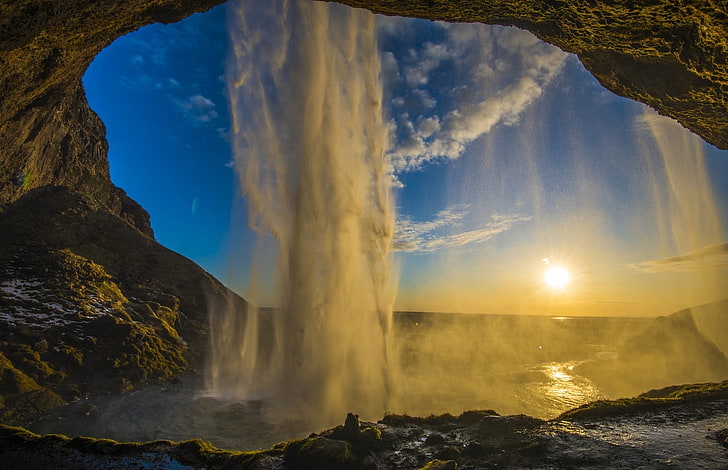 waterfalls with sun in sky, nature, landscape, photography, waterfall, sunset, cave, sunlight, Iceland, HD wallpaper